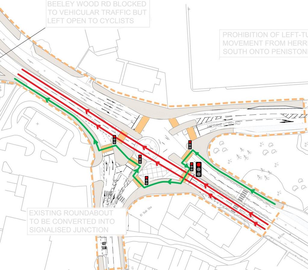  5 Signals for the bicycles and pedestrians, 1 for the cars   Leppings Lane Roundabout Redesign
