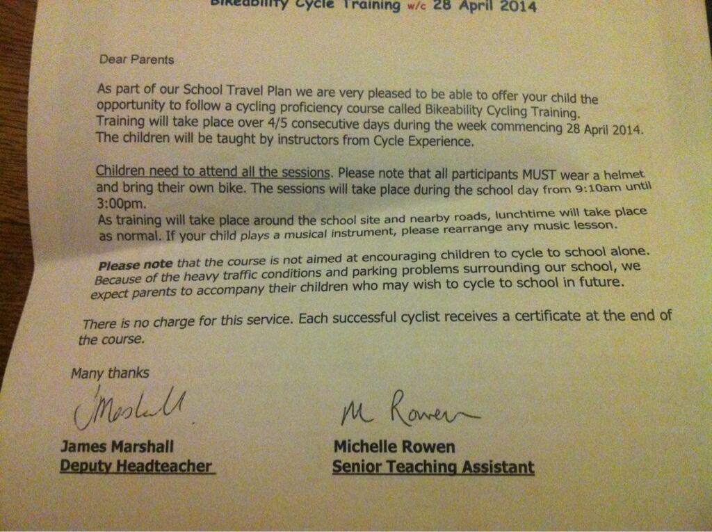  Letter to parents from Dobcroft Junior School in Sheffield, Please note that the course is not aimed at encouraging children to cycle to school alone. Because of the heavy traffic conditions and parking problems surrounding our school, we expect parents to accompany their children who may wish to cycle to school in future. Courtesy of [Edale Skyline](http://twitter.com/EdaleSkyline/status/449268715906138112)