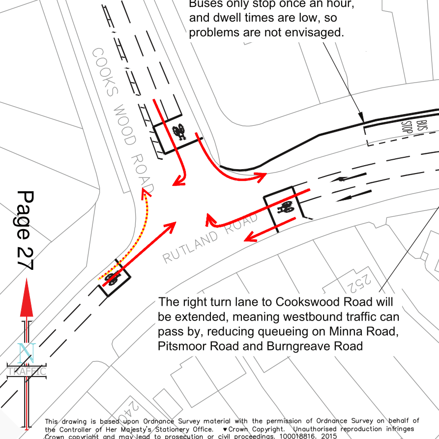 Cooks Wood Road/Rutland Road Junction. All cycle movements are shown and coloured according to their LCDS score.