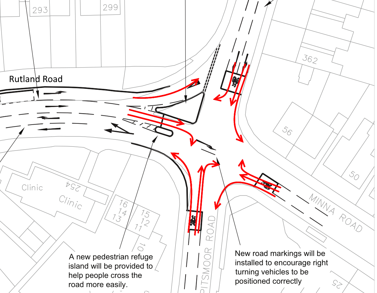 Rutland Road / Pitsmoor Road Crossroads. . All cycle movements are shown and coloured according to their LCDS score.
