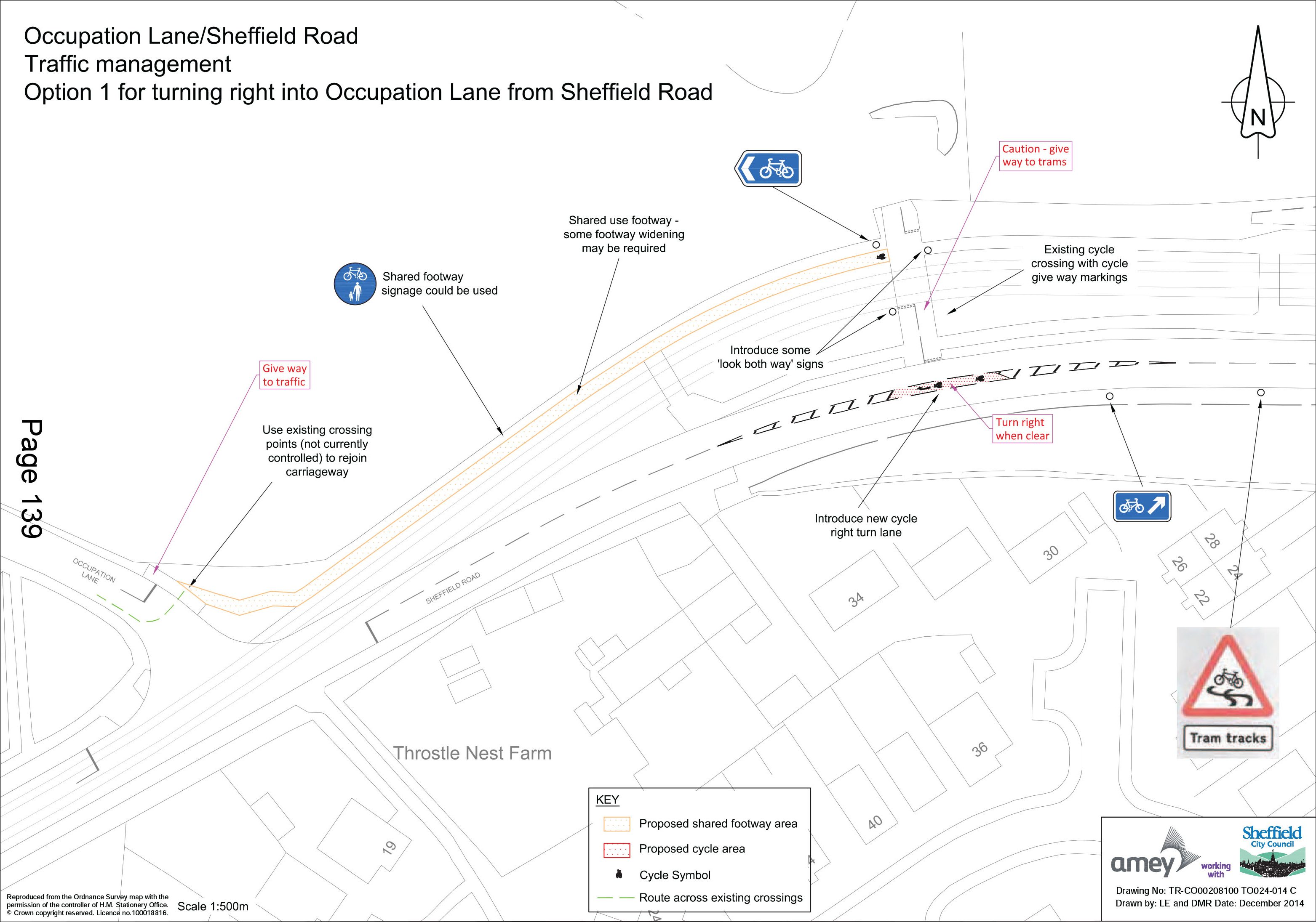 Occupation Lane/Sheffield Road Traffic Management Option 1 for turning right into Occupation Lane from Sheffield Road